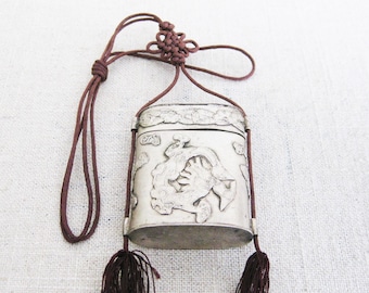 Vintage Asian Box Pendant Nose Gay Small Metal Box on Cord Chinoiseries