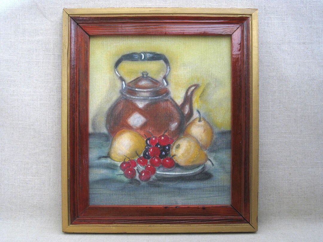 Fruit Still Life Original Painting, Framed Teapot Wall Art, Vintage ...