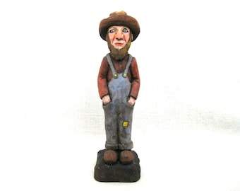 Vintage Male Portrait Folk Art Wood Carving, Country Farmer