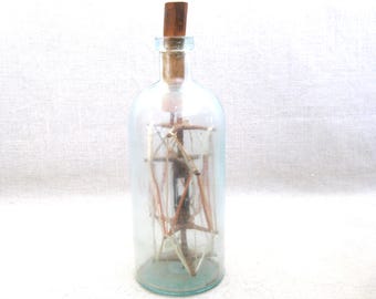 Outsider Folk Art Bottle Whimsey Sculpture, Ball Cage Wood Carving Antique Tramp Cross