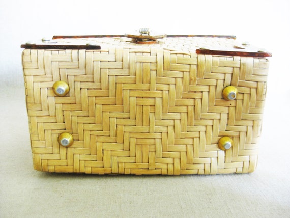 Vintage Lucite and Rattan Handbag Small Basket Pu… - image 4