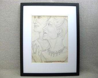Mid-Century Female Portrait Drawing, Original Framed Large Wall Art Outsider Home Décor