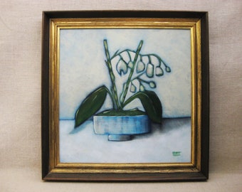 Original Floral Still Life Painting White Orchid Flower Framed Fine Art in Vintage Wooden Frame Gift of Art Gardener