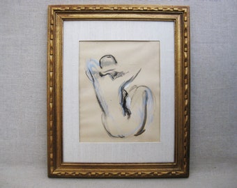 Figural Female Portrait Painting, Original OOAK Nudes, Framed Gouache on Paper, Fernand Renault
