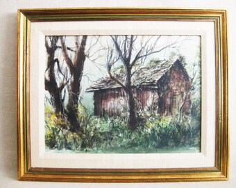 Rustic Barn Landscape Watercolor Painting, Original Signed Richard Benda, Framed Vintage Wall Art Rustic Cabin Décor