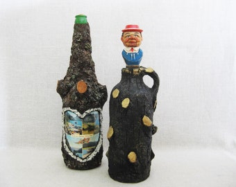 Rustic Folk Art Bottles with Figural Stopper, Primitive Decanter Cabin Home Bar Décor Housewarming Gift