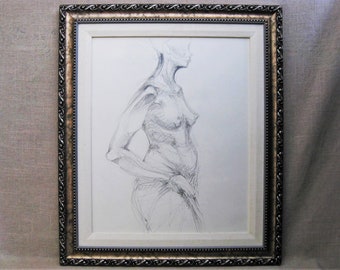 Large Female Portrait Nude Drawing, Framed Original Vintage Wall Art, Signed Sarah Drower, Illinois Artist Home Décor