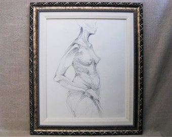 Female Portrait Vintage Nude Drawing Framed Original Fine Wall Art signed Sarah Drower of Illinois Housewarming Gift