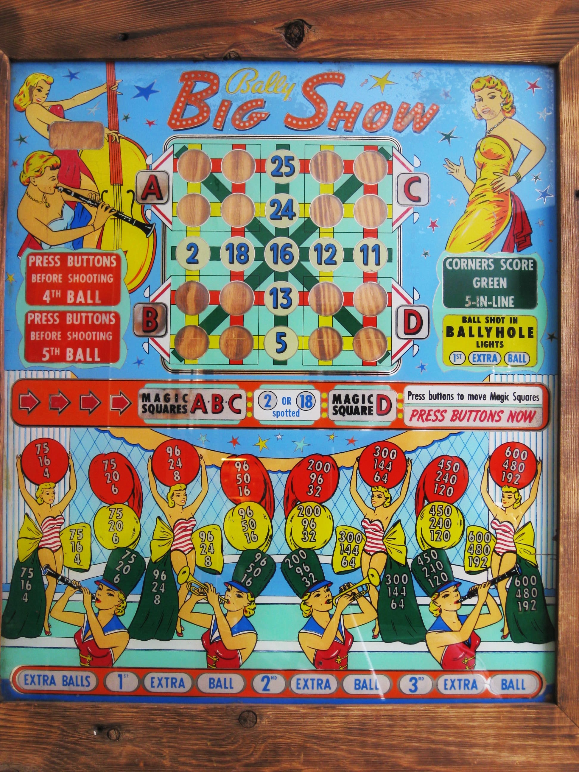 Vintage MidCentury Pinball Machine, Backglass, Bally, Game Board