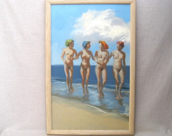 Vintage Female Nude Beach Landscape Painting, Framed Original Fine Art