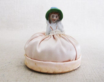 Vintage Pin Cushion Doll with Ceramic Body Victorian Style Sewing Room Décor