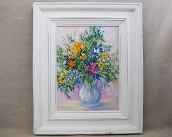 Vintage Floral Still Life Flower Painting Original Fine Art Framed Cottage and Cabin Wall Décor