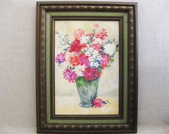 Pink Floral Still Life Painting, Original Framed Vintage Wall Art Cottage Traditional Home Décor