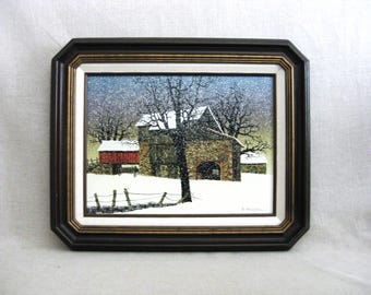 Barn Winter Landscape Painting, H Hargrove Rustic Rural Vintage Framed Serigraph Print on Canvas