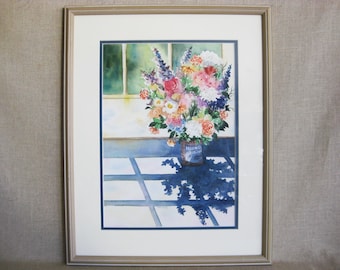 Colorful Original Floral Still Life Painting, Framed Watercolor Vintage Flower Wall Art Home Décor