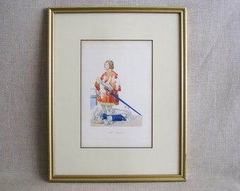 European Male Portrait, Original French Knight Framed Hand Colored Etching Vintage Housewarming Gift