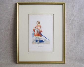 European Vintage Male Portrait of a French Knight Framed Original Art Hand Colored Etching