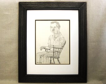 Outsider Male Portrait Drawing Original Folk Art Framed Vintage Wall Art Earle T Merchant