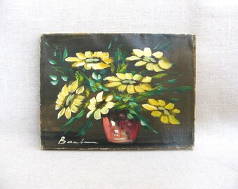 Vintage Floral Still Life Painting, Original Colorful Unframed Daisy Mid-Century Wall Art