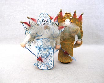 Vintage Chinese Warrior Figurines, Pair Mixed Media Asian Male Statue