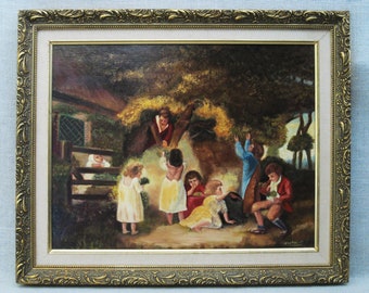 Vintage Male Portrait Landscape Painting of Children, Signed Van Tricht, Framed Original Fine Art