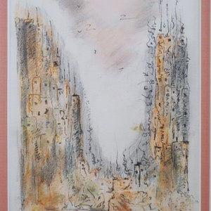 May include: A black and white abstract drawing of two tall buildings with a pink and gray sky in the background. The buildings are made up of many small squares and rectangles. There are birds flying in the sky.