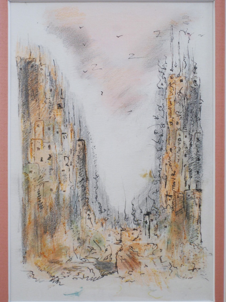 May include: A black and white abstract drawing of two tall buildings with a pink and gray sky in the background. The buildings are made up of many small squares and rectangles. There are birds flying in the sky.
