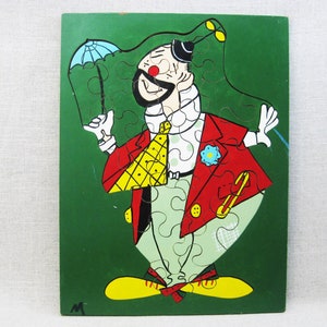 Vintage Clown Wooden Jigsaw Puzzle Mid-Century Children&#39;s Toys Folk Art Wall Art Nursery Décor