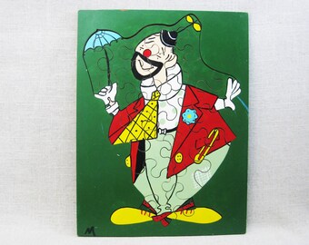 Vintage Clown Wooden Jigsaw Puzzle Mid-Century Children's Toys Folk Art Wall Art Nursery Décor