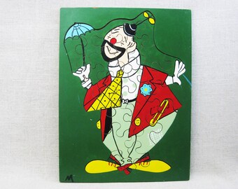 Vintage Clown Wooden Jigsaw Puzzle Mid-Century Children's Toys Folk Art Wall Décor