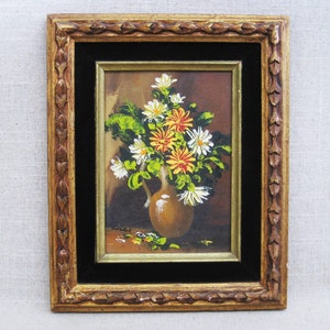 Mid-Century Floral Still Life Flower Painting, Moody Original Oil Canvas Framed Wall Art