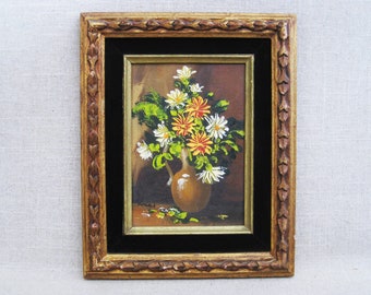 Mid-Century Floral Still Life Flower Painting, Moody Original Oil Canvas Framed Wall Art