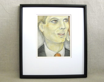 Contemporary Original Male Portrait Watercolor Painting, Framed Vintage Wall Art, Masculine Home Décor Gift