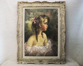 Large Classical Female Portrait Painting, Original Framed Mid-Century Wall Art, Ornate Frame