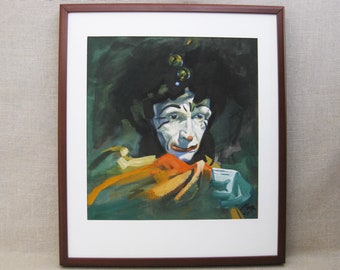 Surreal Male Portrait Painting, Original Watercolor Clown, Mid-Century Wall Art Framed Vintage Odd and Unusual Décor