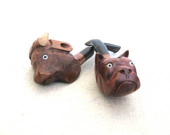 Figural Pipes Wooden Animal, Bull and Dog Head Shaped Tobacciana Man Cave Décor