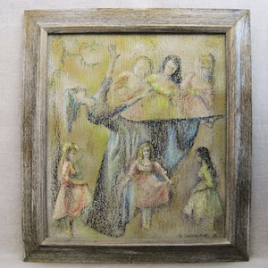 Vintage Female Portrait Oil Painting Dancers Framed Mid-Century Original Fine Art image 1