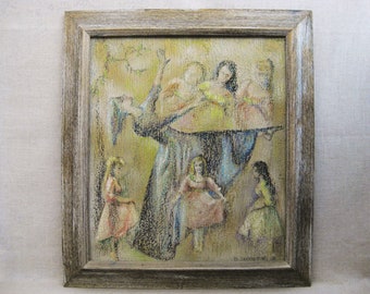 Vintage Female Portrait Oil Painting Dancers Framed Mid-Century Original Fine Art