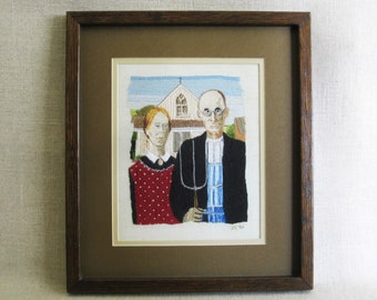 Vintage Male Portrait Embroidery Hand Embroidered Figural Male and Female Wall Décor American Gothic