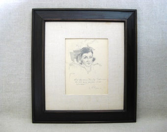 Classical Female Portrait Drawing, Framed Original Wall Art Antique Home Décor