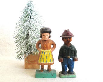 Folk Art People Figure Wood Carvings, Couple Pair, Hand Carved Male and Female, Rustic Cabin Décor
