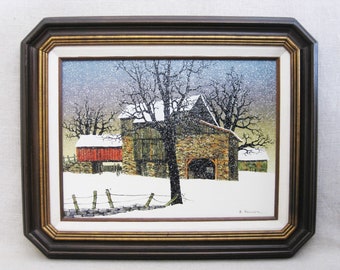 Barn Winter Landscape Painting, H Hargrove Rustic Rural Vintage Framed Serigraph Print on Canvas