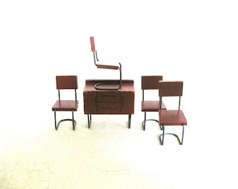 Vintage Wood Doll Furniture, Sideboard and Chairs Set, Art Deco Bauhaus Style