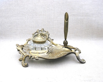 Vintage Brass Inkwell, Victorian Style Desk Accessories, Home Office