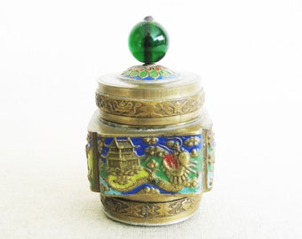 Colorful Brass Enamel Trinket Box, Metal Desk Storage and Organization, Vintage Exotic Vanity Home Décor Hostess Gift