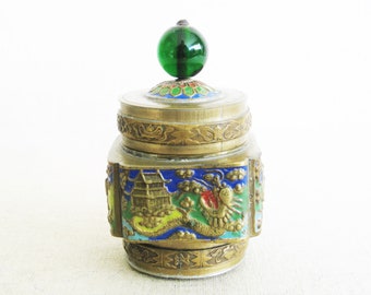 Vintage Brass Enamel Trinket Box Metal Desk Storage and Organization Exotic Vanity Décor