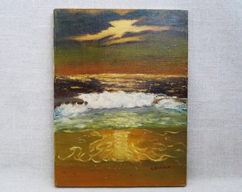 Moody Beach Landscape Oil Painting, Original Wall Art Unframed Vintage Beach House Home Décor Gift
