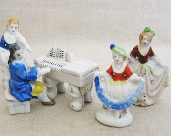 Vintage Figurines Occupied Japan Musical Ensemble with Piano and Violin, Collection of 5