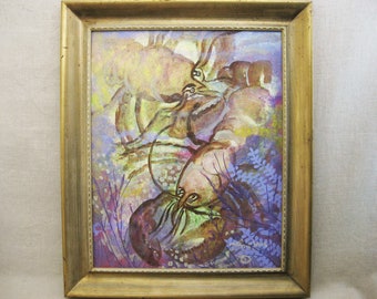 Vintage Lobster Painting Framed Original Southern Folk Art, Maggie Blue