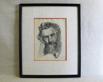 Bearded Male Figure Portrait Drawing, Framed Original Mid-Century Masculine Wall Décor